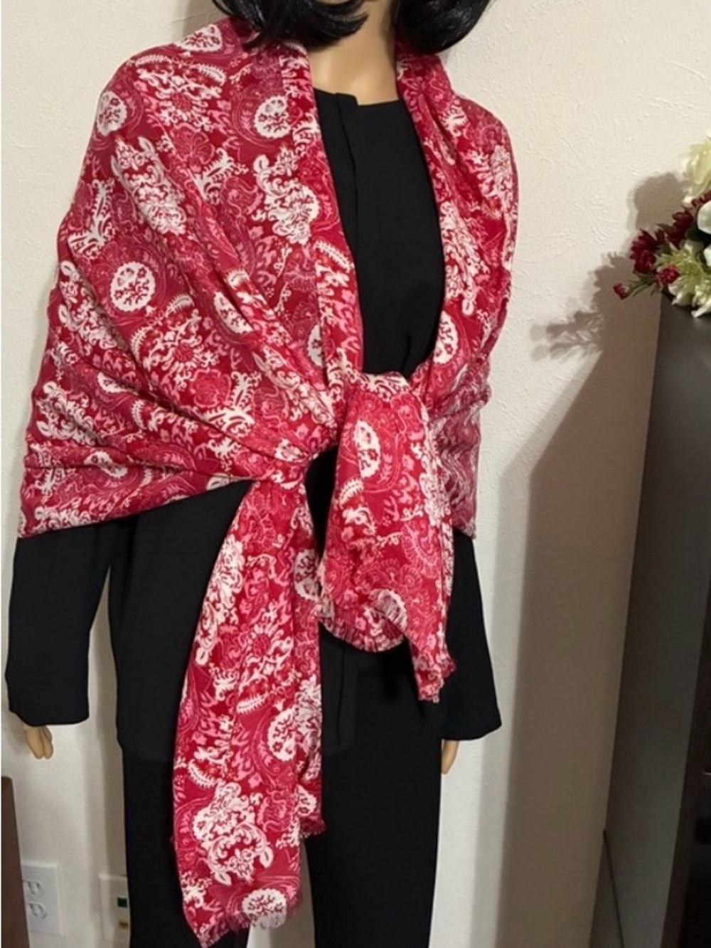 Red & White Baroque Floral Scarf Wrap – 27” x 72” Lightweight Fringe Shawl